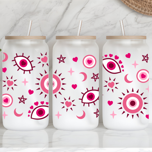 Pink Evil Eye - 16oz Frosted Glass Can