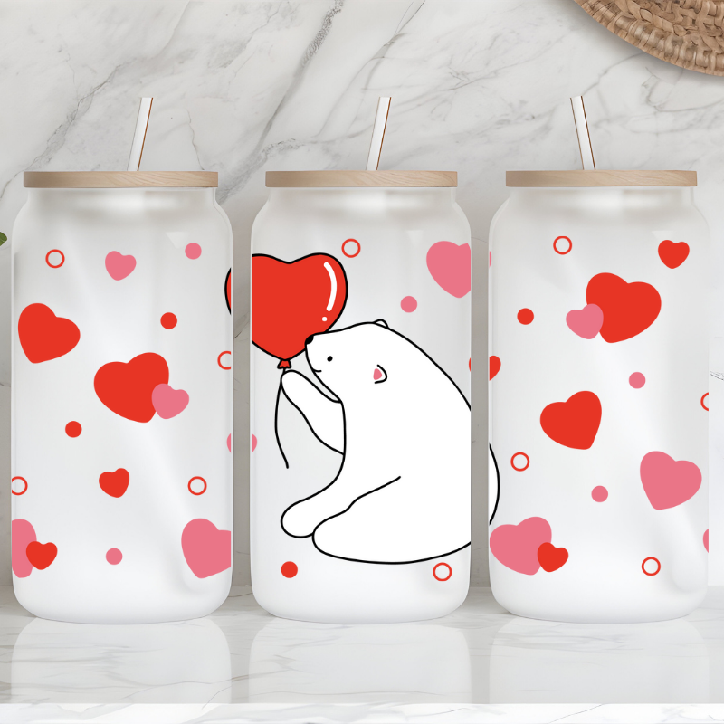 Bear with Hearts - 16oz Frosted Glass Can